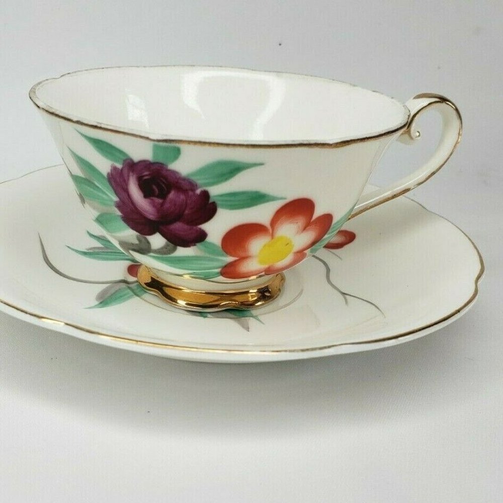 VTG Bone China E Floral Design Tea Cup And Saucer